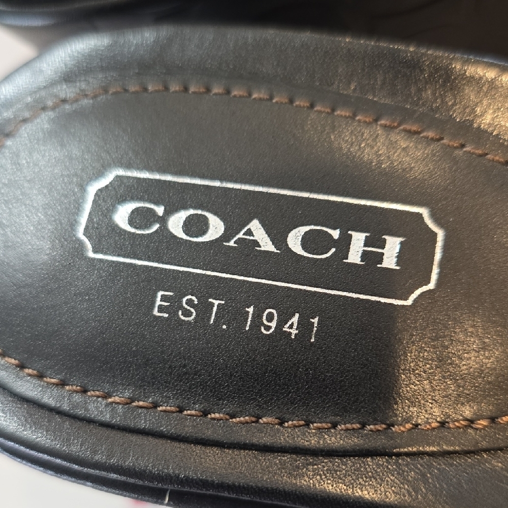 COACH Dark Brown Leather Slide Mules with Silver Buckle Rings - Picture 2 of 7